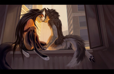 anthro city duo female male male/female sunset window conditional_dnp royz alyx_(latex) amadeus canid canine canis cheetah domestic_cat felid feline felis hybrid lynx mammal wolf hi_res