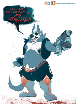anthro belly big_belly black_bottomwear black_clothing black_gloves black_handwear black_nipples black_nose black_pants black_topwear black_vest blood blood_on_belly blood_on_chest blood_on_face blood_on_ground bodily_fluids boots bottomwear cigarette clothed clothing eye_patch eyewear footwear front_view fur gloves grey_body grey_boots grey_clothing grey_footwear grey_fur gun handwear head_tuft holding_cigarette holding_gun holding_object holding_ranged_weapon holding_weapon male male_anthro moobs nipples open_clothing open_mouth open_topwear open_vest overweight overweight_anthro overweight_male pants pubes ranged_weapon red_tongue shoes simple_background smoke solo text tongue topwear tuft vest weapon white_background white_pubes chocolateandmilk nintendo star_fox wolf_o'donnell canid canine canis mammal wolf english_text full-length_portrait hi_res portrait url