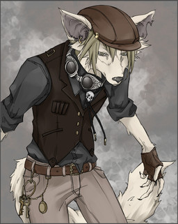 5_fingers alternative_fashion anthro armwear belt blonde_hair bone bottomwear brown_armwear brown_clothing brown_headwear brown_topwear claws clothed clothing collared_shirt denim denim_bottomwear denim_clothing dress_shirt ear_piercing eyewear eyewear_around_neck fingerless_gloves fingers flat_cap front_view fully_clothed fur gloves goggles grey_background grey_bottomwear grey_clothing grey_topwear hair handwear hat headgear headwear jeans key keyring male notched_ear pants piercing rolled_up_sleeves shirt short_hair simple_background skull solo steampunk tail topwear vest white_body white_fur mii_(artist) canid canine canis domestic_dog mammal portrait three-quarter_portrait
