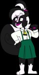 2018 3_toes 4_fingers absurd_res adolescent alpha_channel anthro barefoot big_tail biped black_body black_eyes black_fur black_highlights black_mouth black_tail black_tuft bottomwear breasts buckteeth button_(fastener) cheek_tuft chokovit_(artist) clothed clothed_anthro clothed_female clothing colored countershade_fur countershade_neck countershading curled_tail digital_drawing_(artwork) digital_media_(artwork) dress_shirt eyebrow_through_hair eyebrows eyewear facial_tuft feet female female_anthro fingers fluffy fluffy_tail front_view full-length_portrait fur fur_tuft furgonomic_bottomwear furgonomics gesture glasses green_bottomwear green_clothing green_skirt green_suspenders hair hand_gesture hi_res highlights_(coloring) leg_markings looking_aside magenta_cheatem mammal markings mephitid necktie open_mouth pattern_necktie pawpads pink_hair_tie pleated_skirt pointing pointing_at_self ponytail portrait purple_eyewear purple_glasses purple_nose purple_pawpads purple_tongue raised_eyebrow round_glasses school_uniform shirt simple_background skirt skunk skunk_tail socks_(marking) solo standing striped_markings striped_necktie striped_tail stripes suspenders tail tail_markings teeth toes tongue topwear translucent translucent_hair transparent_background tuft uniform white_body white_clothing white_countershading white_dress_shirt white_eyebrows white_hair white_markings white_shirt white_stripes white_topwear yellow_necktie young