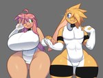 0r0 0r0ch1 anthro big_breasts blue_eyes breasts camel_toe clothed clothing duo female fur green_eyes hair hand_holding hi_res huge_breasts human lagomorph latex leotard leporid male male/female mammal open_mouth open_smile pink_hair rabbit smile standing thick_thighs white_body white_clothing white_leotard white_skin yellow_body yellow_fur