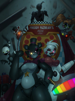 anthro black_body black_fur clothing female food fur glowing glowing_eyes hat headgear headwear machine male pizza sharp_teeth teeth top_hat hueleo8 five_nights_at_freddy's five_nights_at_freddy's_2 five_nights_at_freddy's_3 freddy_fazbear's_pizzeria_simulator scottgames funtime_chica_(fnaf) lefty_(fnaf) marionette_(fnaf) scrap_baby_(fnaf) springtrap_(fnaf) animatronic avian bear bird chicken galliform humanoid lagomorph leporid mammal phasianid rabbit robot 2026 3:4 digital_media_(artwork) hi_res