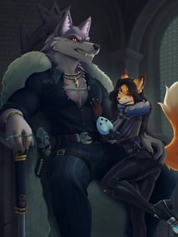 5_fingers anthro anthro_on_anthro black_hair black_nose bodysuit bottomwear breasts cane chair claws clothed clothed_anthro clothed_female clothed_male clothing coat_cape cosplay digit_ring duo fangs female finger_claws finger_ring fingers fur furniture grey_body grey_fur gun hair handgun humanoid_hands interspecies jewelry larger_male male male/female orange_body orange_fur pants pistol ranged_weapon shirt size_difference skinsuit smaller_female smile tail teeth throne tight_clothing topwear weapon white_body white_fur berry_tail epic_games fortnite cynthia_saito fletcher_kane michael_(collarspider) pack_leader_highwire canid canine canis fox mammal wolf digital_media_(artwork) hi_res