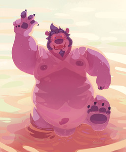 anthro balls blue_eyes blue_hair blush bodily_fluids clothed clothing front_view fur genitals hair male nipples obese obese_anthro obese_male open_mouth open_smile overweight overweight_anthro overweight_male partially_submerged pawpads purple_body purple_fur smile solo standing sweat sweaty_face translucent translucent_clothing translucent_topwear water chocolateandmilk bear mammal hi_res