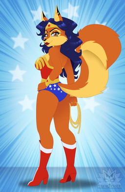 anthro blue_hair boots breasts brown_eyes butt clothing cosplay dipstick_ears ear_markings ear_piercing ear_ring eyebrows eyelashes female footwear fur hair hand_on_hip high_heeled_boots high_heels lipstick makeup markings multicolored_ears orange_body orange_fur piercing ring_piercing shoes side_boob smile solo tan_body tan_fur metalpandora dc_comics sly_cooper_(series) sony_corporation sony_interactive_entertainment sucker_punch_productions carmelita_fox wonder_woman canid canine fox mammal 2026