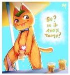 anthro beverage bodily_fluids border container cup female female_peeing genital_fluids heart_censor heart_symbol juice_(beverage) mostly_nude multi_nipple nipples orange_juice peeing peeing_into_container peeing_into_cup solo star_eyes text tongue tongue_out unusual_bodily_fluids urine white_border niichan animal_crossing nintendo tangy_(animal_crossing) domestic_cat felid feline felis mammal censored english_text