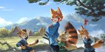 amazing_background anthro asian_clothing biped building clothed clothing detailed_background drill_curls east_asian_clothing fully_clothed fur group hair house japanese_clothing kemono kimono looking_at_another looking_at_viewer male male_anthro markings melee_weapon mountain multicolored_body multicolored_fur open_mouth open_smile pinwheel plant playing ring_(marking) ringed_tail running scabbard smile standing striped_body striped_fur striped_markings striped_tail stripes sword tail tail_markings toy tree weapon young young_anthro young_male lokey ailurid canid canine felid feline fox lynx mammal pantherine red_panda tiger colored detailed hi_res shaded