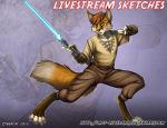 anthro blue_lightsaber clothed clothing fur hair holding_object holding_weapon jedi lightsaber looking_at_viewer male melee_weapon open_mouth pose solo standing weapon cybercat star_wars canid canine fox mammal 2013 watermark