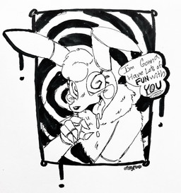 abstract_background anthro blush blush_lines bodily_fluids caption dialogue dominant dominant_anthro dominant_male drip_effect dripping dripping_speech_bubble drooling graffiti hypnosis hypnotic_eyes ink machine male mind_control robotic_arm saliva simple_background solo speech_bubble spiral spiral_background spiral_eyes spiral_pupils tongue tongue_out toony toony_expression pipsy_mouse five_nights_at_freddy's five_nights_at_freddy's_2 scottgames toy_bonnie_(fnaf) animatronic lagomorph leporid mammal rabbit robot robot_anthro absurd_res black_and_white hi_res monochrome traditional_media_(artwork)