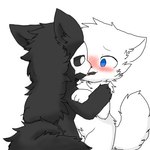 anthro black_body black_fur black_sclera blue_eyes blush cheek_tuft chest_tuft crotch_tuft duo facial_tuft fluffy food fur inner_ear_fluff looking_at_another male male/male male_anthro mask pocky_game pocky_in_mouth simple_background tuft white_background white_body white_eyes white_fur chano changed_(video_game) pocky pocky_and_pretz_day lin_(changed) puro_(changed) canid canine canis goo_creature mammal wolf 1:1 digital_media_(artwork)