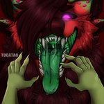 anthro bodily_fluids duo fangs fur green_tongue male mouth_shot open_mouth palate purple_eyes red_body red_fur saliva teeth throat tongue uvula tocatao deer mammal 1:1 absurd_res hi_res