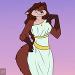 anthro brown_body brown_fur brown_hair clothed clothing female fur gloves_(marking) gradient_background hair jewelry markings necklace robe simple_background solo foxenawolf diana_artemis canid canine fox mammal 1:1