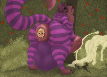 anal anal_fluids anal_masturbation anal_penetration anal_vore anthro anus balls belly big_balls big_belly big_butt big_penis black_sclera blonde_hair bodily_fluids bracing butt crouching crown cum drooling drugged duo ejaculation erection excessive_cum excessive_genital_fluids female finger_to_mouth flower flushed foreskin forest fur genital_fluids genitals glans hair headgear heart_eyes heart_symbol huge_balls huge_butt huge_penis hyper hyper_balls hyper_butt hyper_cum hyper_genitalia hyper_penis inside_anus lips long_tail looking_back looking_pleasured male male/female masturbation neck_tuft obese overweight overweight_anthro overweight_male penetration penis perineum pink_body pink_fur pink_nose plant puffy_anus purple_body purple_fur rose_(flower) royalty saliva size_difference snot striped_body striped_fur stripes substance_intoxication tail tan_body tan_skin thick_lips thick_thighs tree tuft vein veiny_penis vore whiskers yellow_eyes killergrizzly alice_in_wonderland cheshire_cat cheshire_cat_(disney) cheshire_cat_(species) felid human mammal pantherine tiger absurd_res hi_res