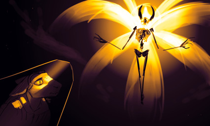 ambiguous_gender anthro black_background bone clothed clothing cutaway duo ears_down floating glowing glowing_body headlamp horn jacket lamp looking_up nude outside pivoted_ears simple_background skeleton sky topwear neither83 project_silverfish angel animated_skeleton inheritor lizard reptile scalie undead 2025 hi_res signature
