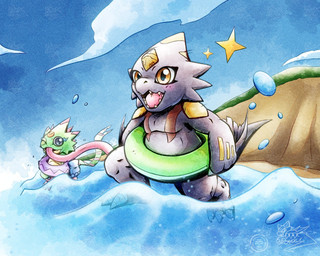 anthro beach blush claws duo long_tongue male one_eye_closed playing sharp_teeth smile swim_ring swimming teeth tongue water wink gekkart bandai_namco digimon digimon_beatbreak digimon_(species) gekkomon monodramon scalie