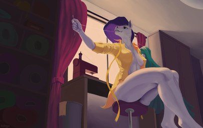 anthro breasts clothing female furniture inside low-angle_view sewing_machine side_boob sitting solo stool sunset under_boob window icebrew friendship_is_magic hasbro my_little_pony rarity_(mlp) equestrian equid equine horse mammal hi_res
