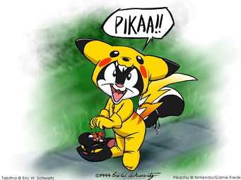 animal_costume anthro bucket candy container cosplay dessert female food holding_bucket holding_container holding_object holidays looking_at_viewer multicolored_body open_mouth open_smile smile solo standing trick-or-treating two_tone_body young eric_schwartz halloween nintendo pokemon sabrina_online tabitha_(sabrina_online) generation_1_pokemon mammal mephitid pikachu pokemon_(species) skunk 1999 4:3