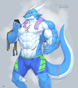 anthro bottomwear clothing exercise male muscular pants solo tail workout captainjohkid mythology dragon mythological_creature mythological_scalie scalie absurd_res hi_res
