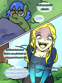 ambiguous_feral ambiguous_gender black_bottomwear black_clothing black_pants blonde_hair blue_clothing blue_eyes blue_hair blue_topwear bottomwear clothed clothed_human clothing creepy_face day dialogue female female_human feral green_body hair long_hair neonate orange_eyes outside pants plant quadruped shadow text topwear young young_ambiguous young_feral giggle_fluffy's fluffy_pony fluffy_pony_(species) human mammal 3:4 comic digital_media_(artwork) hi_res spanish_description spanish_text translated translated_description