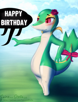 birthday blush bow_accessory bow_ribbon dialogue female female_feral feral flower furgonomics green_body happy_birthday markings nude plant red_eyes ribbons rose_(flower) shy shy_smile simple_background solo striped_markings stripes text thick_thighs white_body stellaamoris nintendo pokemon fan_character rose_(snivy) generation_5_pokemon pokemon_(species) snivy absurd_res digital_media_(artwork) digital_painting_(artwork) english_text hi_res painting_(artwork) url
