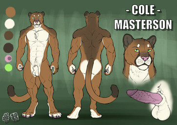 abs animal_genitalia anthro balls black_claws brown_body brown_fur chest_tuft claws color_swatch digitigrade dipstick_tail erection finger_claws front_view fur genitals green_eyes humanoid_genitalia humanoid_penis hybrid_genitalia hybrid_penis looking_at_viewer male male_anthro markings mouth_closed muscular muscular_anthro muscular_male nude pawpads pecs penile_spines penis penis_tip pink_pawpads rear_view sheath sheathed_humanoid_penis simple_background solo standing tail tail_markings toe_claws tuft white_balls white_body white_fur white_sheath hufnaar cole_masterson cougar felid feline mammal 2024 dated hi_res model_sheet