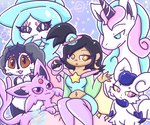 anthro black_hair blue_eyes blue_hair brown_body brown_eyes clothing eeveelution espeon female galarian_form galarian_rapidash generation_2_pokemon generation_6_pokemon generation_8_pokemon group hair hatterene hi_res human indeedee lewdchuu_(artist) mammal meowstic nintendo pokemon pokemon_(species) purple_body purple_eyes pyon_(lewdchuu) regional_form_(pokemon) shirt star_eyes topwear white_body