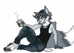 anthro beverage biped clothed clothing coffee eyewear glasses hat headgear headwear male open_mouth shirt simple_background sitting smile solo tank_top topwear eda canid canine fox mammal hi_res