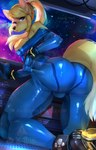 alternate_species anthro blonde_hair blue_eyes breasts butt cleavage clothed clothing female fur furrification hair looking_at_viewer looking_back looking_back_at_viewer science_fiction solo space tied_hair tight_clothing white_body white_fur yellow_body yellow_fur zero_suit skeleion metroid nintendo fox_samus_aran samus_aran canid canine fox mammal 2021 digital_media_(artwork)