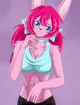 anthro blue_eyes blush breasts cleavage clothed clothing female fur hair pink_body pink_fur pink_hair pink_nose shirt solo tank_top topwear spike_the_furry reverie_(dreamflowerbunny) lagomorph leporid mammal rabbit absurd_res hi_res