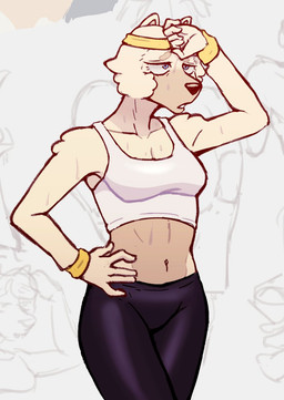 5_fingers accessory after_exercise anthro arm_tuft arms_bent bare_shoulders big_eyes biped black_clothing black_leggings black_legwear black_nose blue_eyes bodily_fluids breasts cheek_tuft cleavage clothed clothed_anthro clothed_female clothing collarbone crop_top exhausted eyebrows eyelashes facial_tuft female fingers fully_clothed fully_clothed_anthro fully_clothed_female fur fur_tuft glistening glistening_clothing glistening_eyes glistening_leggings glistening_legwear glistening_nose hand_on_hip hand_on_own_hip headband humanoid_hands iris leggings legs_together legwear light_body light_fur looking_forward mature_anthro mature_female medium_breasts multicolored_body multicolored_fur navel open_mouth pointy_ears prick_ears pupils shadow shirt shoulder_tuft snout solo standing sweat sweaty_body sweaty_fur tan_body tan_eyebrows tan_fur tan_inner_ear three-quarter_view topwear tuft two_tone_body two_tone_fur white_body white_clothing white_crop_top white_ears white_fur white_sclera white_topwear wristband yellow_headband yellow_wristband xthe_real_cjx bluey_(series) wendy_(bluey) canid canine canis chow_chow domestic_dog mammal spitz 2025 digital_drawing_(artwork) digital_media_(artwork) portrait three-quarter_portrait