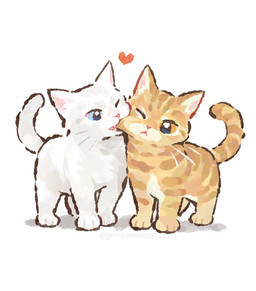 ambiguous_gender bite biting_another biting_cheek blue_eyes cheek_bite duo fangs feral fur heart_symbol looking_at_another open_mouth orange_body orange_fur pink_nose quadruped simple_background striped_body striped_fur stripes teeth white_background white_body white_fur yellow_eyes gentleeeeeeecat domestic_cat felid feline felis mammal colored digital_drawing_(artwork) digital_media_(artwork) hi_res shaded