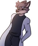 anthro black_bottomwear black_clothing black_pants black_shirt black_topwear bottomwear brown_body brown_fur clothing coat eyewear fur glasses hand_in_pocket lab_coat male pants pockets shirt simple_background sinister solo topwear white_background jaybeyyy canid canine fox mammal 2021 hi_res