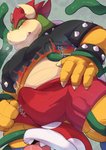 2021 anthro belly blush bodily_fluids bottomwear bowser bulge clothed clothing cum cum_in_clothing cute_fangs duo elemental_creature erection erection_under_clothing eyes_closed flora_fauna genital_fluids hi_res humanoid_hands kemono koopa male mario_bros mario_tennis mario_tennis_aces nintendo overweight overweight_male piranha_plant plant scalie shirosaru shirt shorts tentacles tongue tongue_out topwear