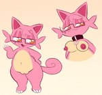 anthro areola breasts dwarfism eyewear female fur genitals glasses nipples pink_areola pink_body pink_fur pink_nipples pussy short_stack smile smug solo conditional_dnp labbit_(artist) palworld pocketpair fan_character cattiva felid feline mammal pal_(species) model_sheet