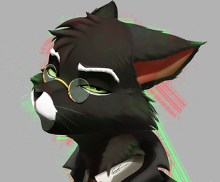 anthro black_body black_eyes clothing eyewear formal_wear glasses green_sclera male multicolored_body solo suit enoxarts lackadaisy mordecai_heller domestic_cat felid feline felis mammal absurd_res hi_res portrait
