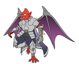 anthro armor cape claws clothing empty_eyes fangs humanoid_pointy_ears knight_armor male membrane_(anatomy) membranous_wings open_mouth pointy_ears red_body smile solo teeth toe_claws tongue wings macro710 thatweirdguy capcom demon's_crest gargoyle's_quest ghosts_'n_goblins firebrand demon gargoyle red_arremer hi_res