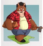 anthro axe belly big_belly brown_body clothing lumberjack male open_mouth overweight overweight_male shirt solo topwear walking 06junior11 mammal suid suina sus_(pig) wild_boar 2022 hi_res