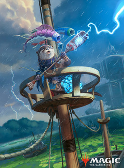 ambiguous_gender anthro blue_clothing blue_eyes clothing cloud detailed_background electricity fountain holding_object holding_staff lake lightning on_ship open_mouth outside raining ship solo staff standing tail vehicle watercraft whiskers young borja_pindado hasbro magic:_the_gathering wizards_of_the_coast mammal mustelid otter hi_res official_art