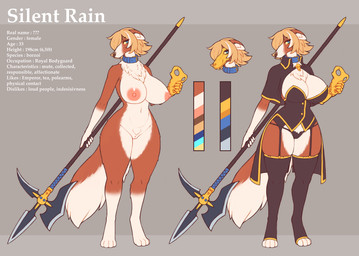 4_toes 5_fingers anthro areola armor big_breasts biped blonde_eyebrows blonde_hair blue_collar blue_eyes bone bone_mask breasts brown_body brown_ears brown_fur brown_nose brown_tail cleavage clothed clothing collar corset crotch_tuft digitigrade eyebrows eyelashes feet female fingers fluffy fluffy_tail fur garter_straps gauntlets genitals gloves gloves_(marking) grey_background hair halberd handwear holding_mask holding_object holding_weapon inner_ear_fluff leg_markings legwear lingerie long_tail looking_at_viewer markings mask melee_weapon multicolored_body multicolored_fur nipples nude panties pink_areola pink_nipples polearm short_hair simple_background skull skull_mask socks_(marking) solo standing tail text thick_thighs thigh_highs toes topwear tuft two_tone_body two_tone_fur two_tone_tail underwear vulva weapon white_body white_fur white_inner_ear white_inner_ear_fluff white_markings white_tail wide_hips yellow_sclera dobrota silent_rain borzoi canid canine canis domestic_dog hunting_dog mammal sighthound 2023 absurd_res english_text hi_res model_sheet