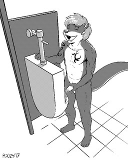 anthro athletic athletic_anthro athletic_male bodily_fluids foreskin genital_fluids genitals hair male male_peeing nude open_mouth peeing penis relieved solo tattoo urinal urine rinzy rudder_(shiro_sirius) mammal mustelid otter 4:5 monochrome