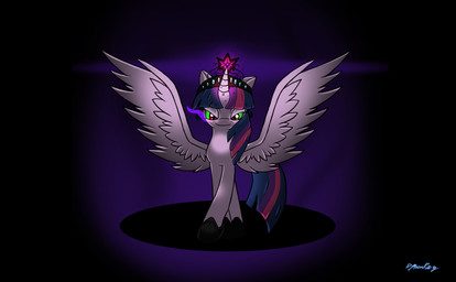 black_background creepy crown dark feathered_wings feathers female fur glowing glowing_eyes hair headgear horn looking_at_viewer multicolored_hair purple_body purple_feathers purple_fur purple_hair red_eyes simple_background smile solo tiara two_tone_hair wings djmoonray friendship_is_magic hasbro my_little_pony mythology twilight_sparkle_(mlp) equid equine mammal mythological_creature mythological_equine winged_unicorn absurd_res hi_res