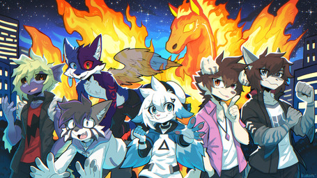 5_fingers anthro brown_hair claws clothed clothing eyebrow_through_hair eyebrows fingers fire floppy_ears group hair inner_ear_fluff male pawpads translucent translucent_hair tuft penguinexperience aiden_(penguinexperience) ladon_(character) canid canine canis domestic_dog elemental_creature equid equine fire_creature fish mammal marine shark 16:9 hi_res widescreen