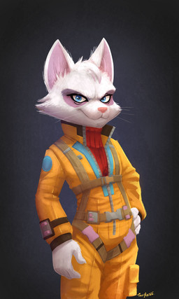 anthro belt blue_eyes clothing eyeshadow female fur gradient_background harness jumpsuit makeup simple_background smile smirk solo sweater topwear turtleneck whiskers white_body white_fur deadyoung7 nintendo star_fox star_fox_(2026) katt_monroe domestic_cat felid feline felis mammal 2026 hi_res