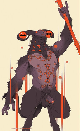 anthro armpit_hair balls biped body_hair chest_piercing crouching foreskin frenum_ladder frenum_piercing genital_piercing genitals half-erect holding_object holding_staff hooves horizontal_pupils humanoid_genitalia humanoid_penis ladder_piercing male multi_eye muscular muscular_anthro muscular_male neck_eye nipple_piercing nipple_ring nipples orange_eyes penis penis_piercing piercing pubes pupils ring_piercing staff tail tail_tuft tuft vein veiny_penis bonfiredemon elden_ring elden_ring_nightreign fromsoftware libra_creature_of_night bovid caprine caprine_demon demon goat_demon mammal 2026 digital_media_(artwork) hi_res