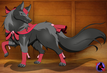 black_body black_fur blue_eyes female feral fur grey_body grey_fur paws text wolf_ears wolf_tail chaoticwolf2830 canid canine canis dire_wolf mammal prehistoric_species wolf absurd_res english_text hi_res