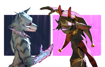 anthro bell clothing collar duo fool's_hat gesture gold_(metal) gold_jewelry grin handshake hat headgear headwear jester_outfit jewelry male simple_background smile spiked_collar spikes comitomato nero_(nerobeasts) toro_(nerobeasts) bovid canid canine canis caprine demon goat mammal wolf hi_res