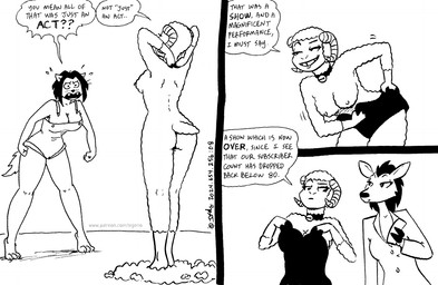 anthro bell bell_collar breasts butt cleavage clothed clothed_female clothing collar dialogue dressing female fingers fur group hooved_fingers hooves horn nipples nude nude_female open_mouth rear_view scut_tail short_tail tail text trio wool_(fur) tegerio bella_minkworthy dodie_o'doe lana_lynne bovid caprine deer mammal mink mustelid musteline sheep true_musteline 2024 black_and_white comic english_text monochrome