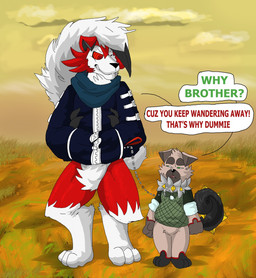 angry anthro asking asking_another asking_why bow_(feature) bow_tie cloud color_coded color_coded_text dialogue duo grass leash one_eye_closed plant question speech_bubble talking_to_another text wink mc_morrales nintendo pokemon lyan_the_lycanroc ruck_the_rockruff generation_7_pokemon lycanroc midnight_lycanroc pokemon_(species) rockruff english_text hi_res
