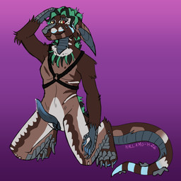 anthro biped bodily_fluids brown_body claws fur genital_fluids genitals green_hair hair harness intersex intersex_anthro long_ears long_tail maleherm maleherm_anthro markings multicolored_body penis precum red_eyes scales tail two_tone_body vulva white_markings hallamo-h 1:1 absurd_res hi_res