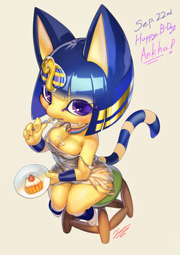 4_fingers anthro birthday blue_hair breasts cake cleavage clothed clothing dessert eating female fingers food food_fetish fur grey_background hair holding_object looking_at_viewer perspective purple_eyes simple_background sitting solo suggestive suggestive_food text yellow_body yellow_fur tamanosuke animal_crossing nintendo ankha_(animal_crossing) domestic_cat felid feline felis mammal 2021 absurd_res dated english_text full-length_portrait hi_res portrait signature